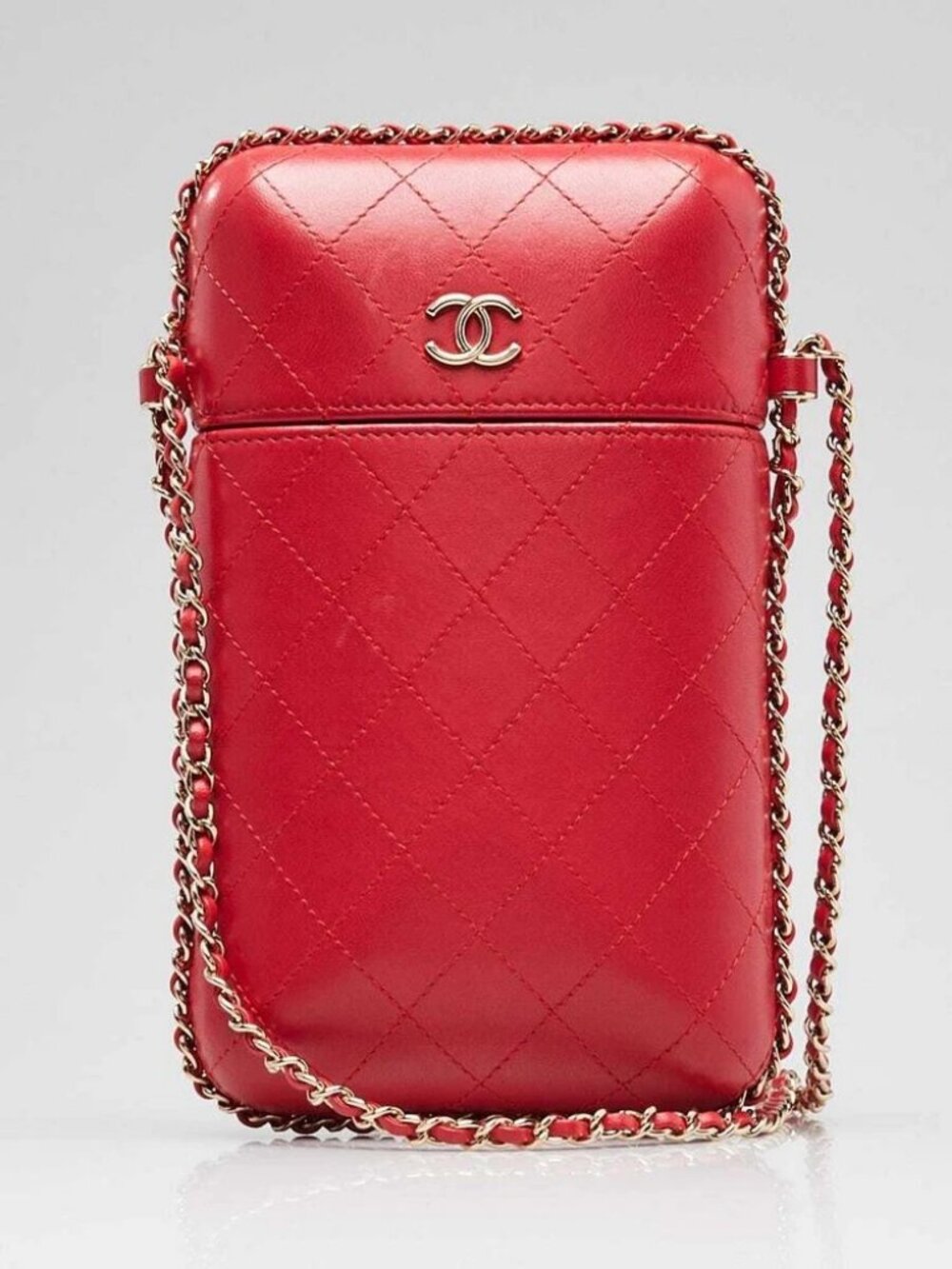 Chanel Red Quilted Lambskin Leather Phone Holder with Chain Bag